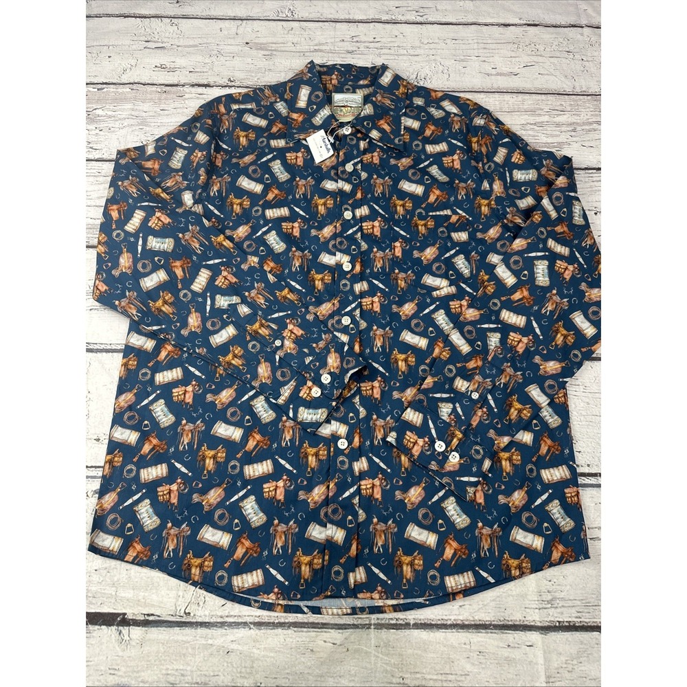 NWT Kennington Western Shirt Horse Saddle Print Cowboy Ranchwear Cotton Size L